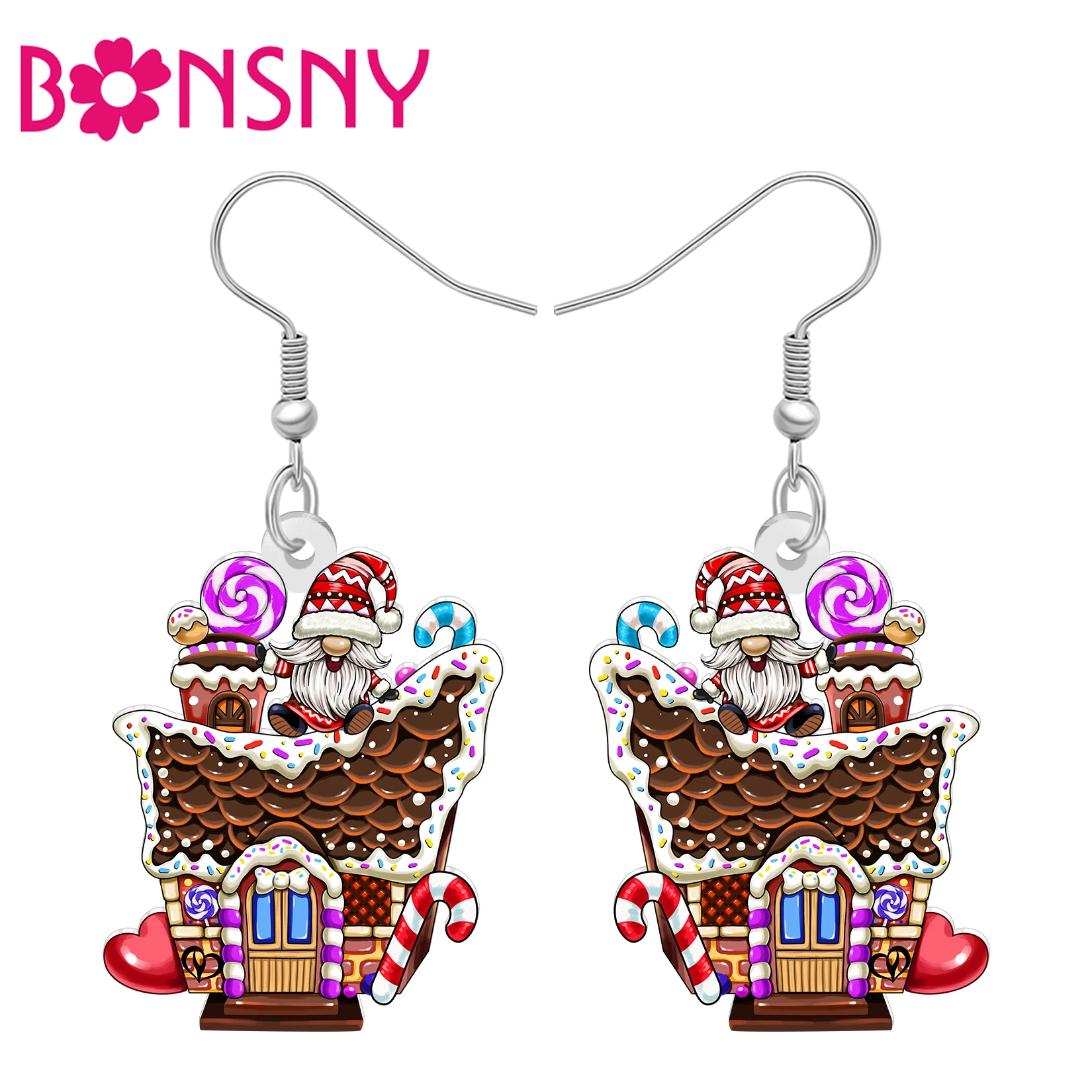 BONSNY Acrylic Christmas Gingerbread House Dangle Earrings Dessert Cabin Jewelry Xmas Gifts Winter Holiday For Women Girls Charm
