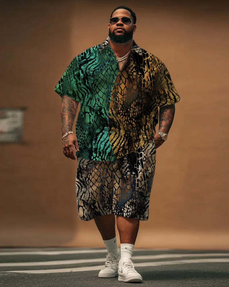 

S-9XL Men's Large Size Animal Print Shirt Short Sleeve Shorts Two-piece Set