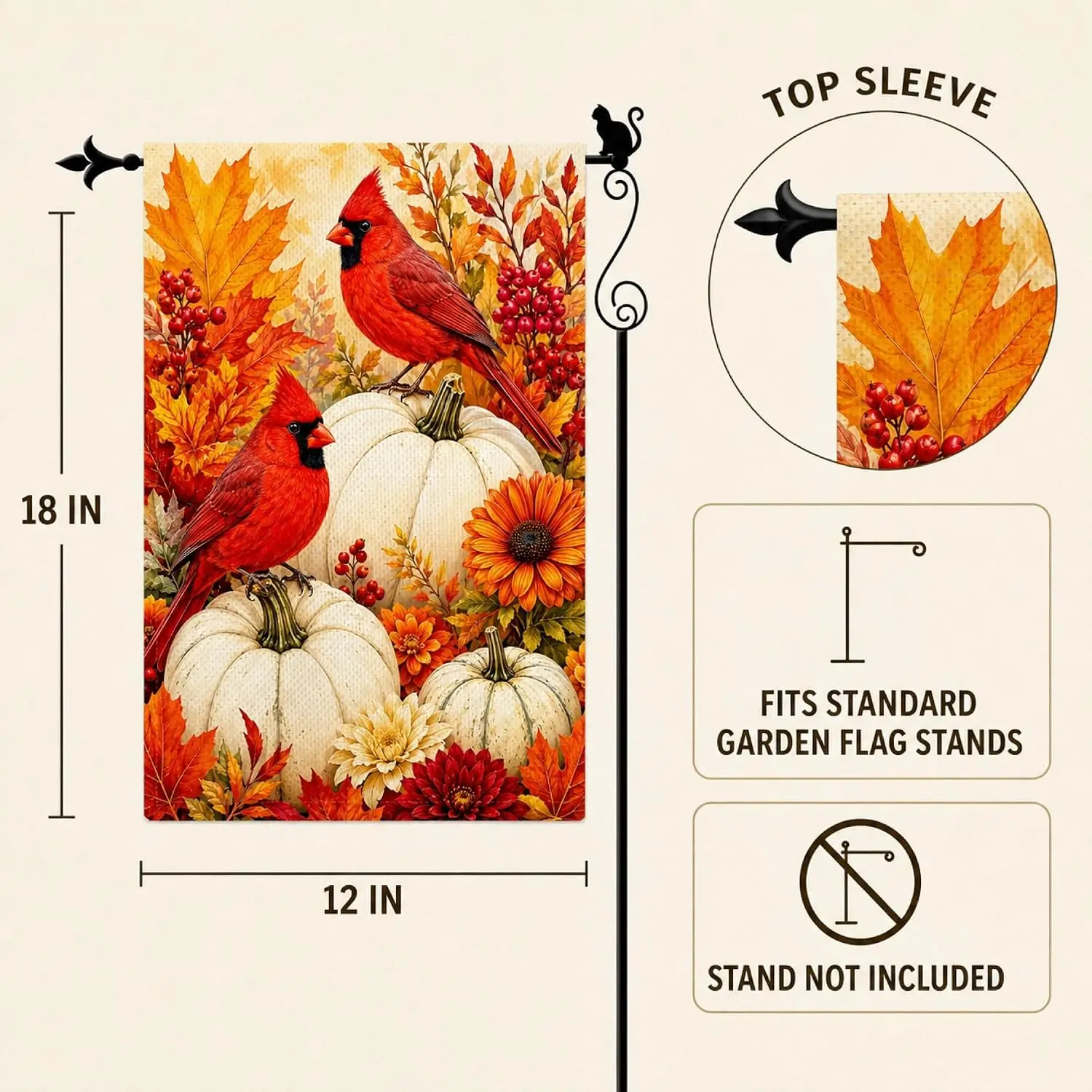 Autumn Cardinal White Pumpkin Garden Flag, 12 x 18 Inch Yard Decor bbp
