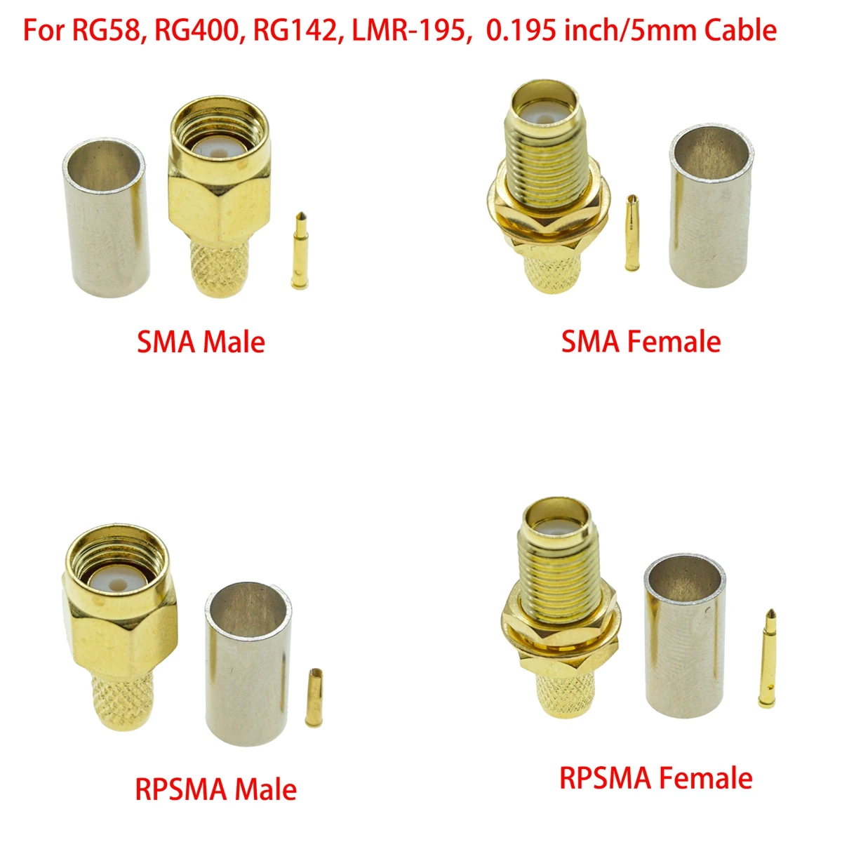 10Pcs/lot SMA Male Female RPSMA Connector RPSMA Male Female Crimp for RG58 RG400 RG142 Coax Cable