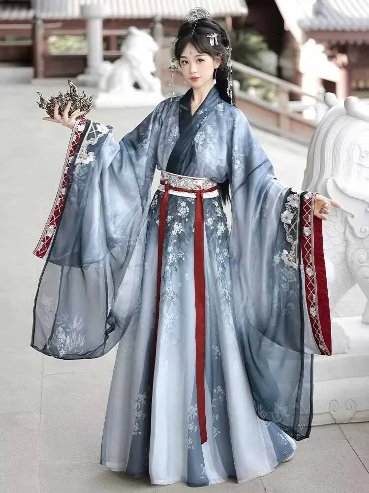 

Gradient Blue Chinese Hanfu Dress - Embroidered Traditional Costume for Women, Cosplay & Festival Wear wide sleeve Hanfu
