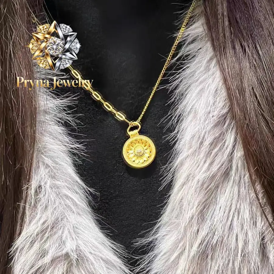 Pryna Jewelry  Women's 24K Gold AU999 Rotatable Daisy Disk Necklace in Imperial Style | Magnetic detachable disks with imperial