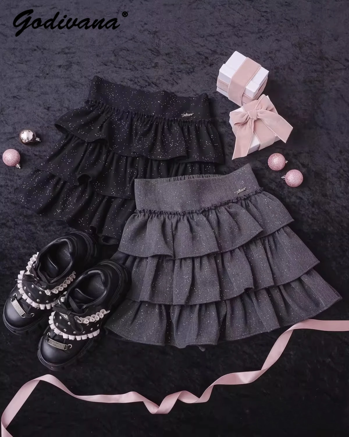 Japanese Style New Spring Shimmer Cake Skirt Elastic Waist Girls Women's Solid Color Short A-line Skirts