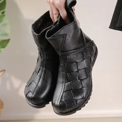 Vintage ręcznie robione brązowe trampki kobieta Retro buty skórzane do kostki 2024 nowa jesień zima skóra bydlęca Booty futerkowe buty