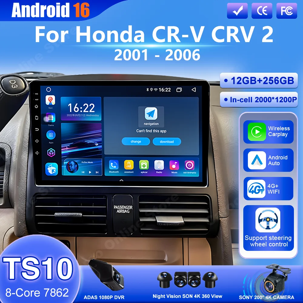 Android 16 Car For Honda CR-V CRV 2 2001 2002 2003 2004 2005 2006 Carplay Radio Stereo GPS Navigation Multimedia Video Player 4G