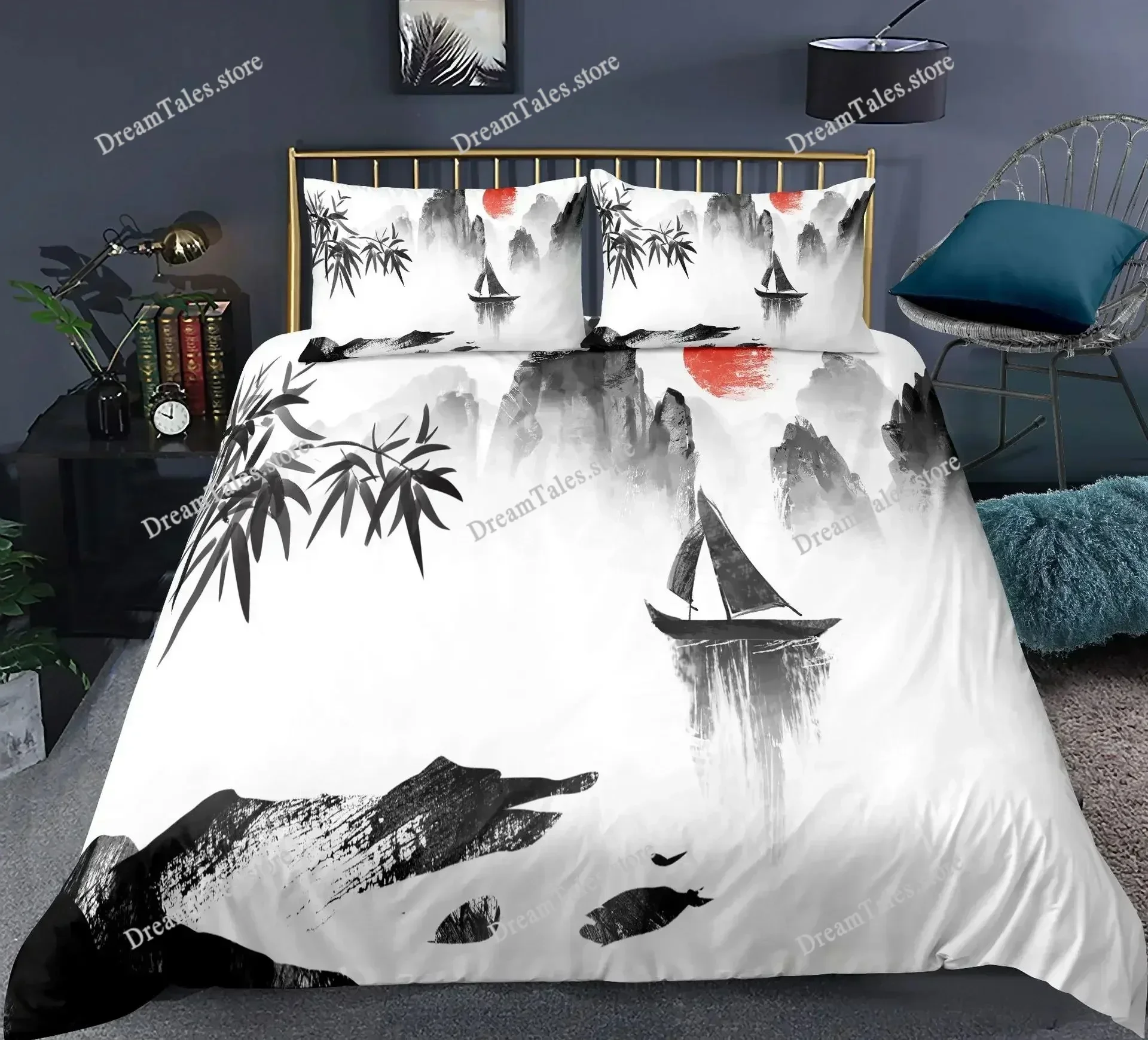 Nature Landscape Duvet Cover KingQueen Size,Chinese Ink Painting Style Bedding Set Mountain River Polyester Quilt Cover592FQH