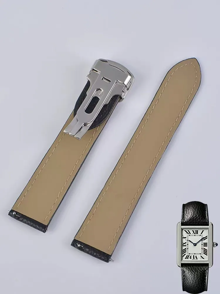 Genuine Leather Watch Strap Suitable for Cartier Santos Tank Solo Watchband Cowhide Watchstrap Black - view 5