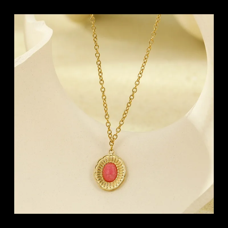 أزياء تنوعا الفولاذ المقاوم للصدأ البيضاوي مطعمة ريدستون قلادة قلادة المتخصصة سلسلة الترقوة الغلاف الجوي #3