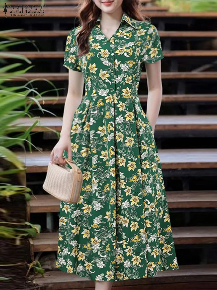 ZANZEA Bohemian Floral Printed Dress Women Summer Midi Sundress 2025 Vintage Office Ladies Vestidos Casual Lapel Neck Robe Femme