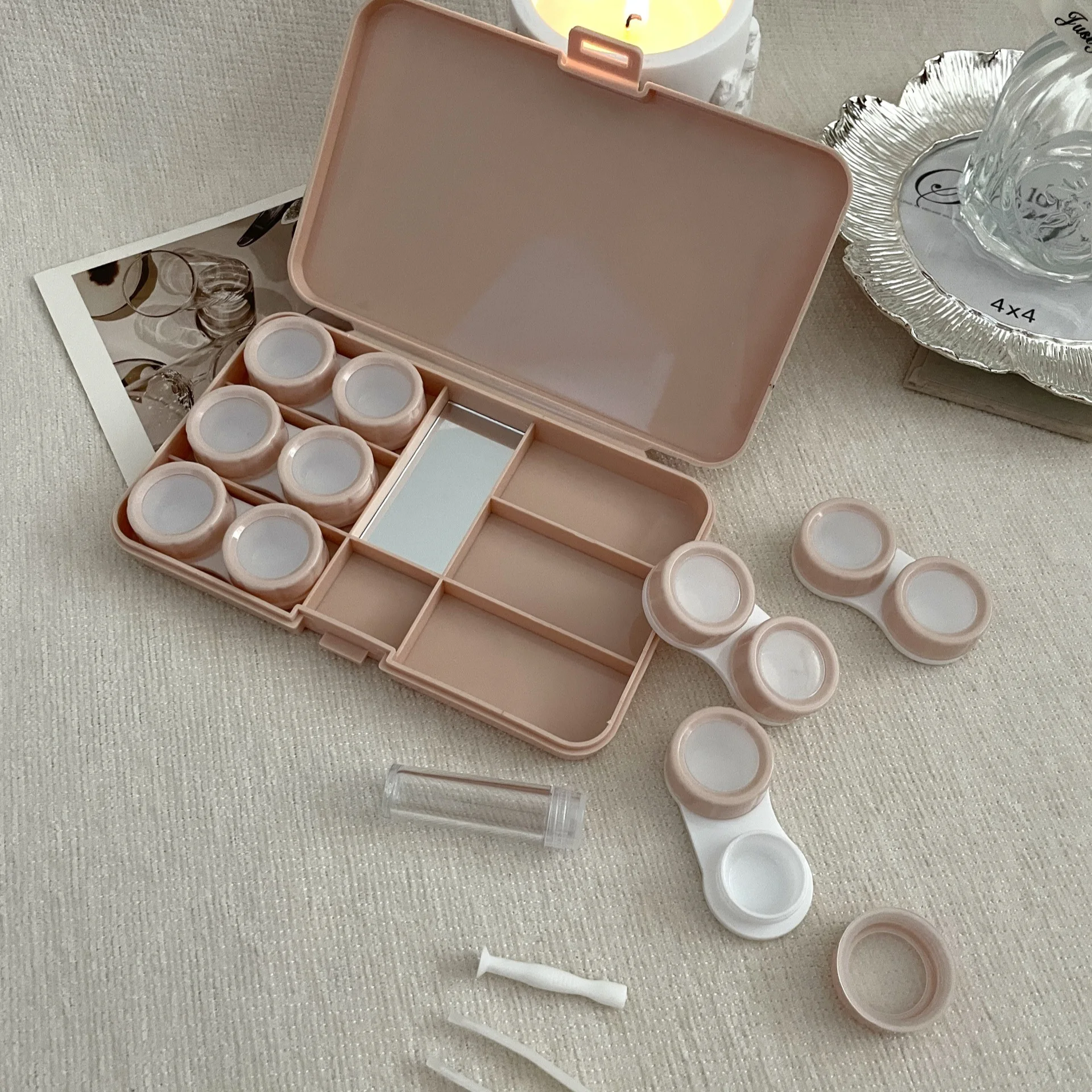 Estuche para gafas de contacto 6 en 1, bonita caja de almacenamiento de contactos de ojos de conejo con pinza para pupila de belleza, accesorios de maquillaje de viaje portátiles