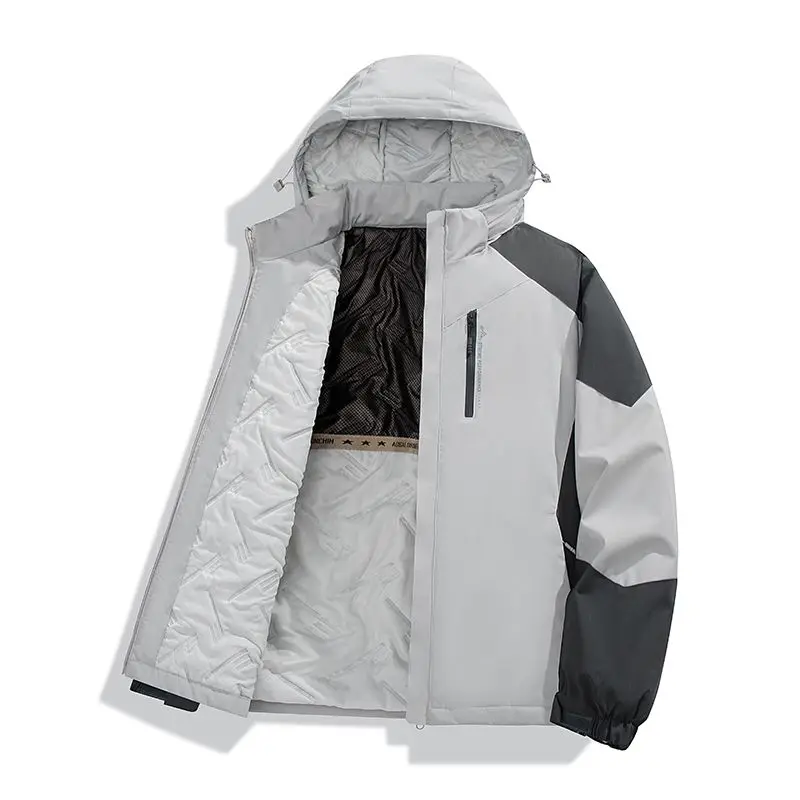 Winter Thicken Fleece Cotton-padded Jacket Men's Windproof Snow Ski Hooded Coats Color-blocking Casual Zipper Pocket Jackets