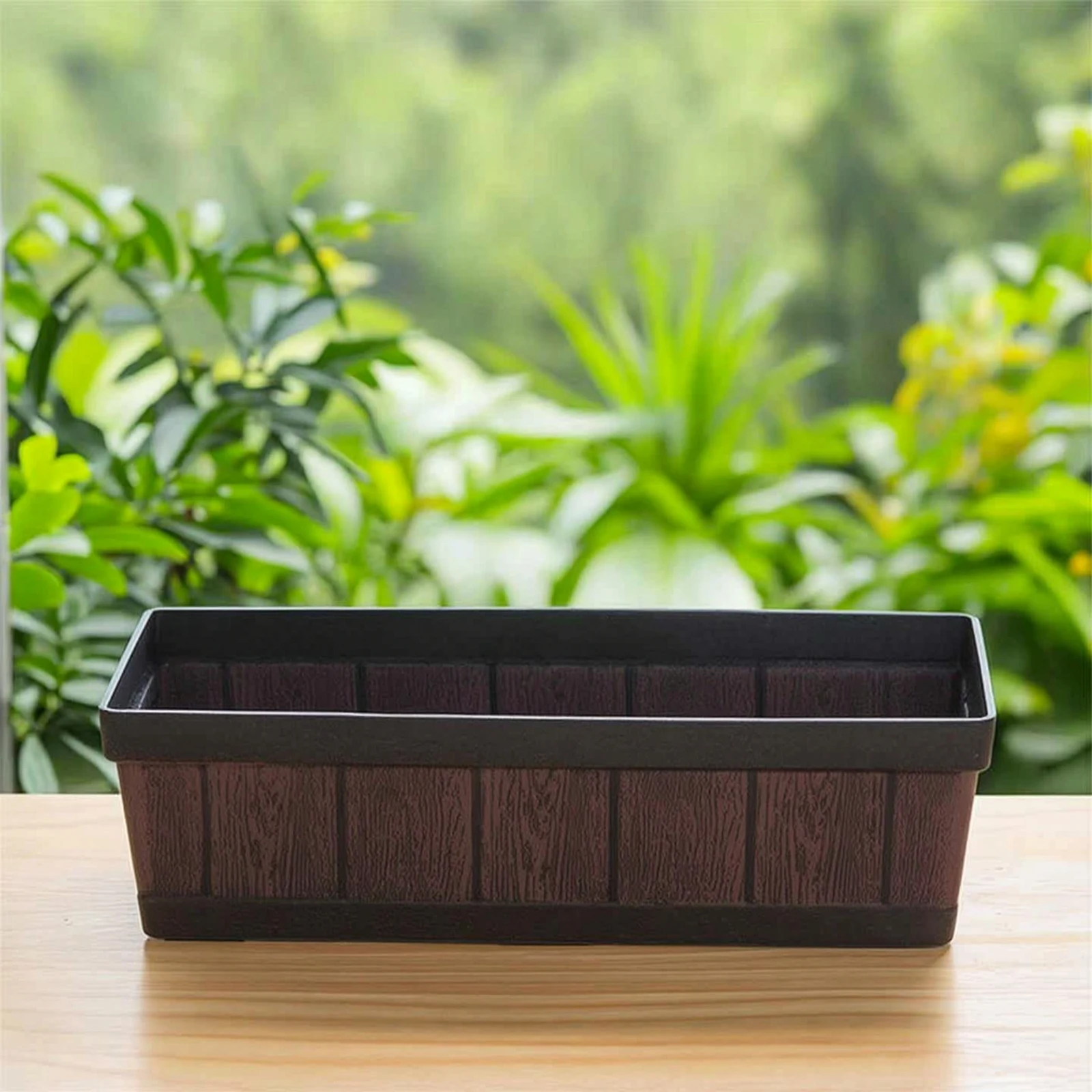 Planter with Faux Wood Grain Narrow Rectangular Planter Flower Box Rustic Lightweight for Gardeners, Windowsill, Balcony