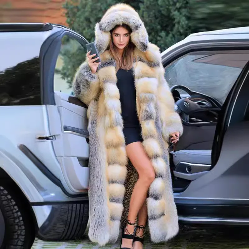 

2025 Женская зимняя куртка из норки с градиентной повседневной меховой отделкой и капюшоном из эко-худра для женщин длиной до пола, теплое женское пальто из искусственного меха