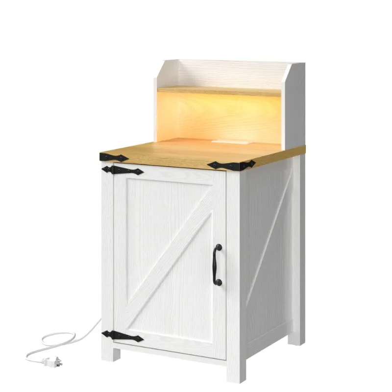 18 Inch Rustic Wooden Side Table - Charging Station Barn Door Adjustable Storage & Magnetic Door Farmhouse Sofa Table