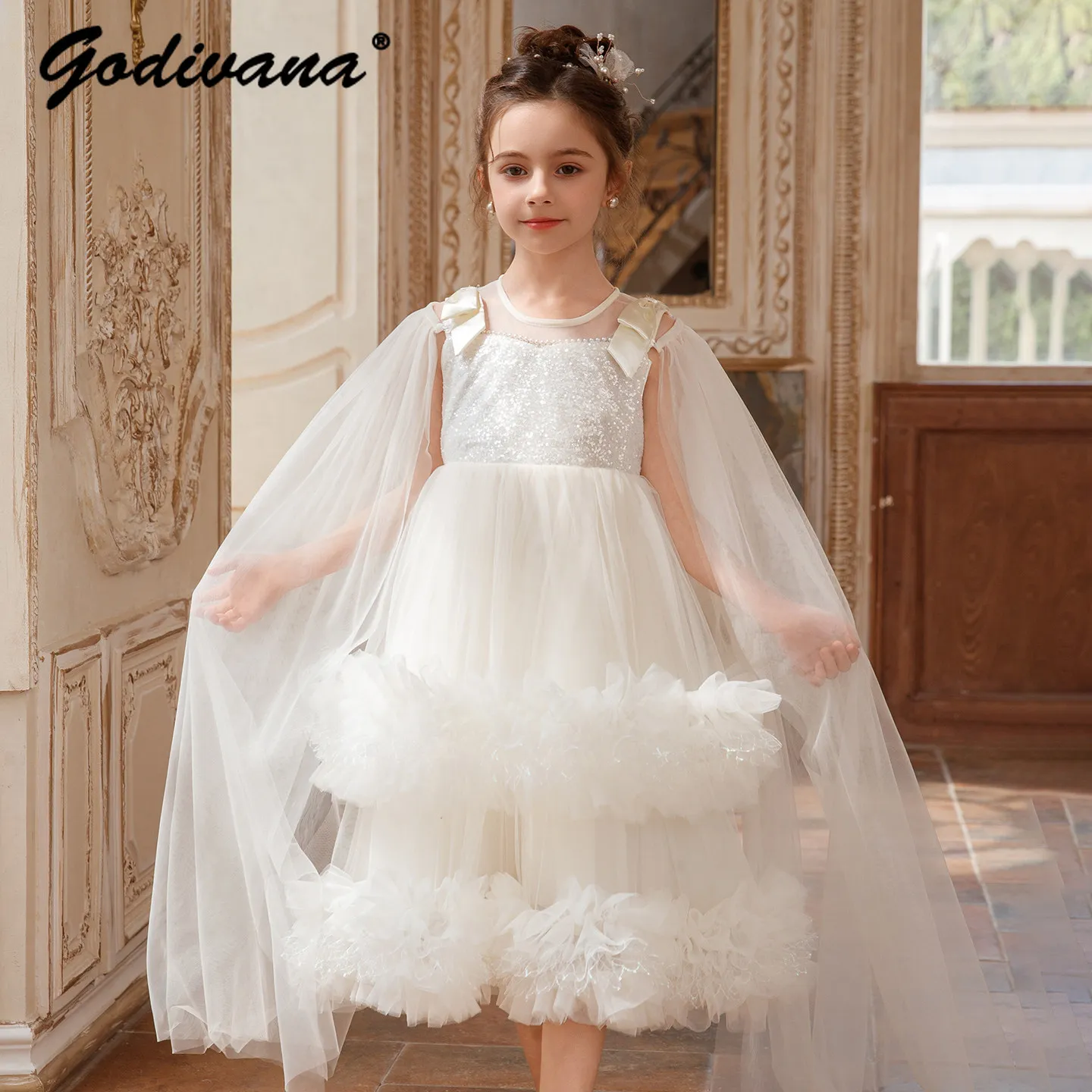 Sweet Baby Girls 2026 Summer New High-end Tulle Sequin Formal Princess Gown Kids Performance White Tulle Birthday Party Dress