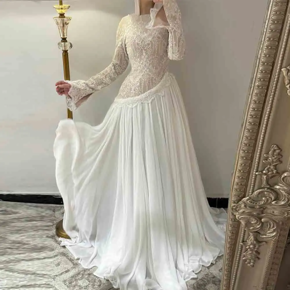 Maßgeschneidertes muslimisches Abendkleid 2026 für Hochzeiten, Spitzen-Langarm-Chiffonrock, Verlobungskleid, A-Linie für Dubai Hijabi-Kleider