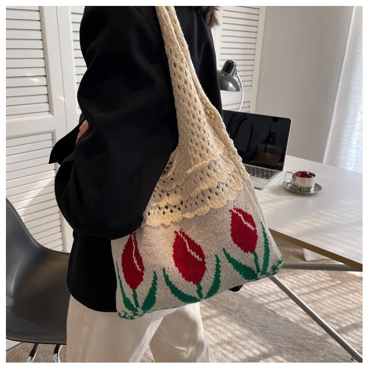 Tulip Shoulder Bag Minimalist Simple Vintage Style Cotton Fabric Soft Tote Women's Fashion Purple Morandi Khaki Knit Handwoven