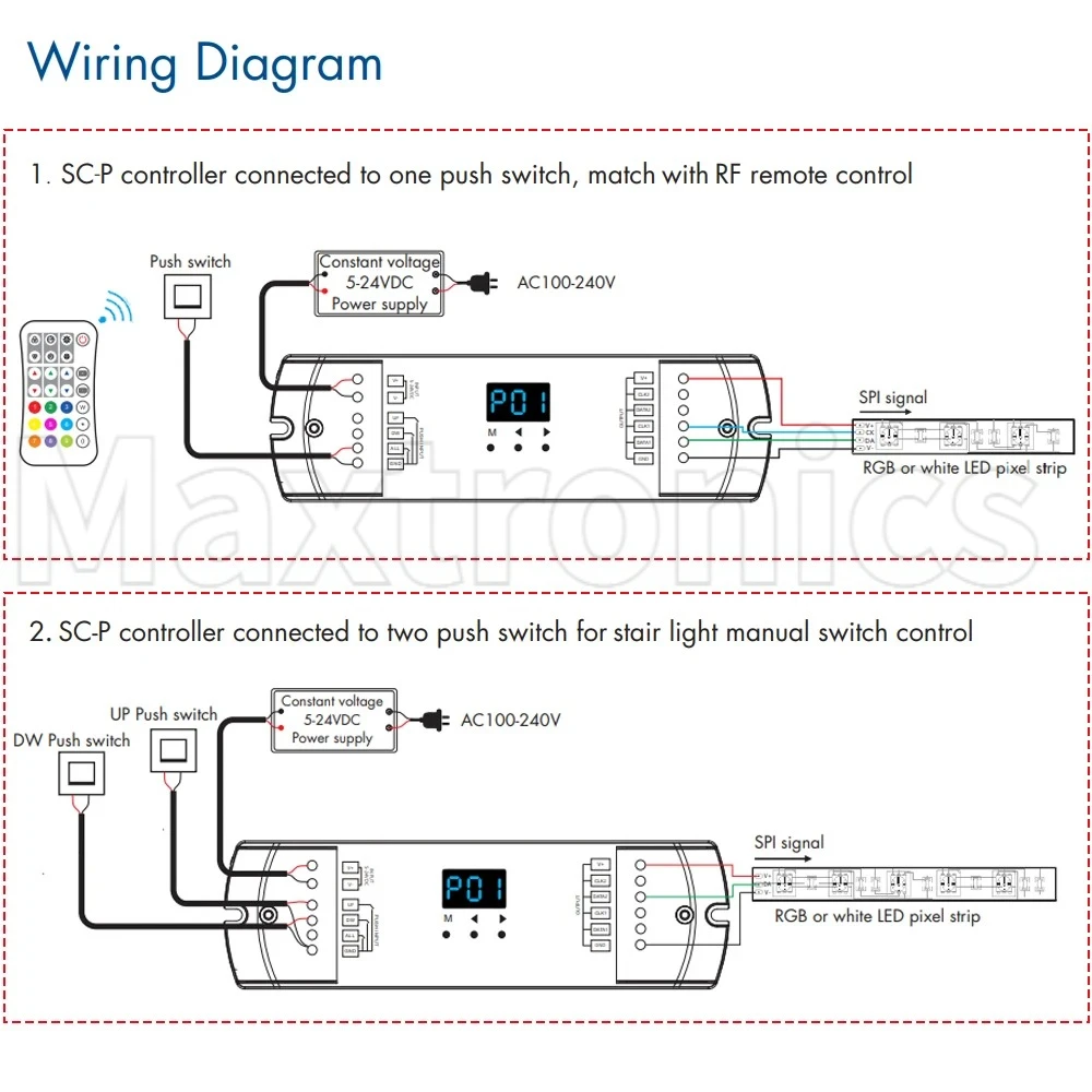 SC-P Ondersteuning RF-afstandsbediening R9 en drukschakelaarbediening voor RGB/RGBW of witte MAX900Pixel Strip DC5-24V RF SPI LED-controller