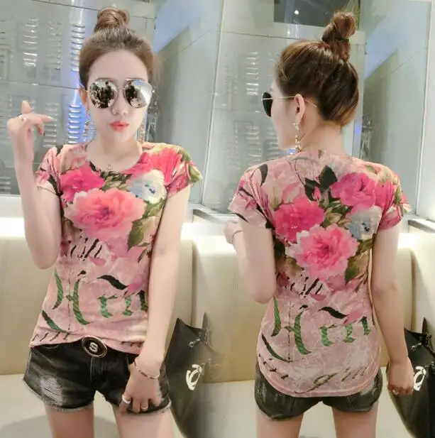 #5201 Summer 3D Floral Printed T Shirt Women Short Sleeve Casual Vintage Tight T-shirt Female O-Neck Thin Sexy Womens Tee Shirts