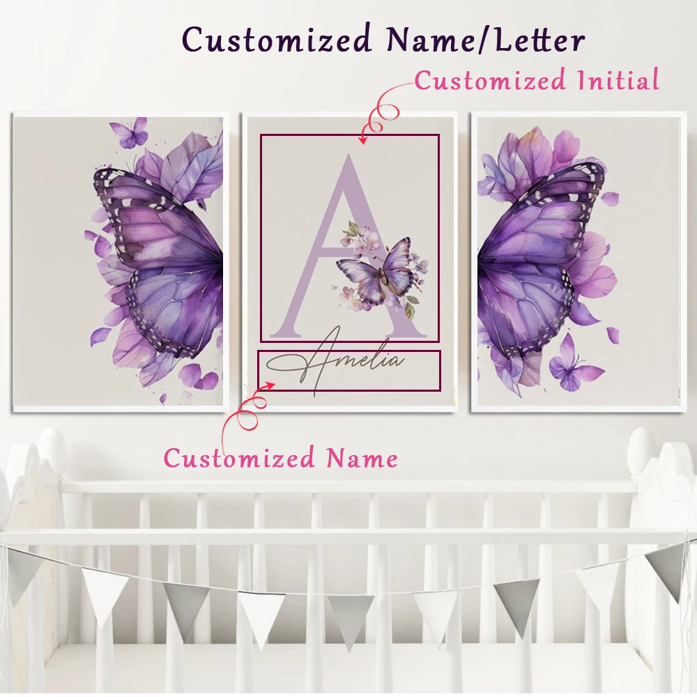 3pcs Personalized Wall Art Set - Custom Name Purple Butterfly & Flower Canvas Prints,  Modern Art Deco Style, Ideal for Nursery,