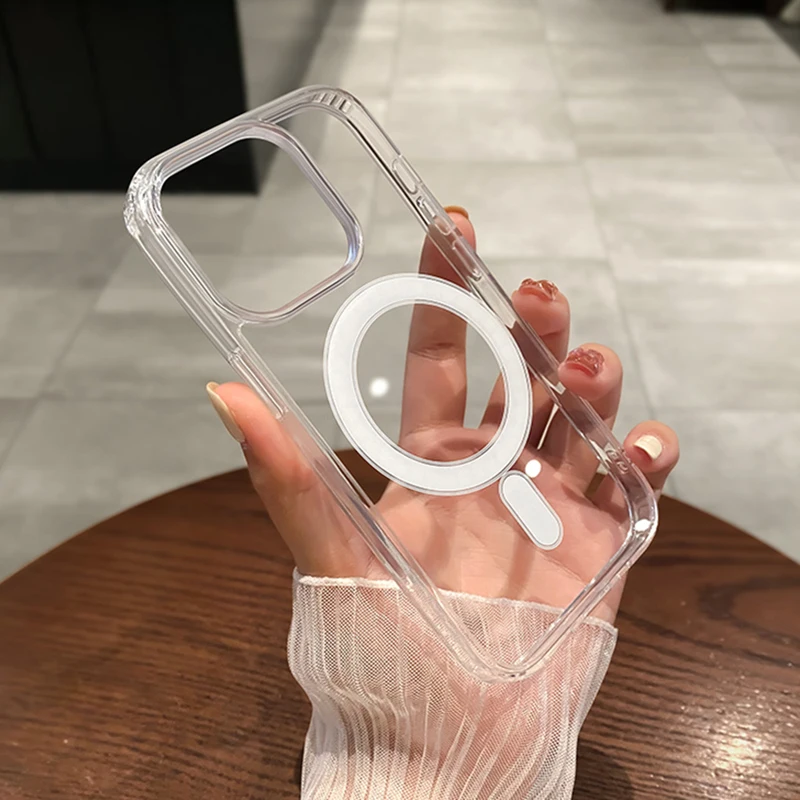Funda magnética transparente para carga inalámbrica Magsafe, para iPhone 11 12 13 14 15 16 17 Air Pro Max Plus Mini, a prueba de golpes con cubierta de PC 2