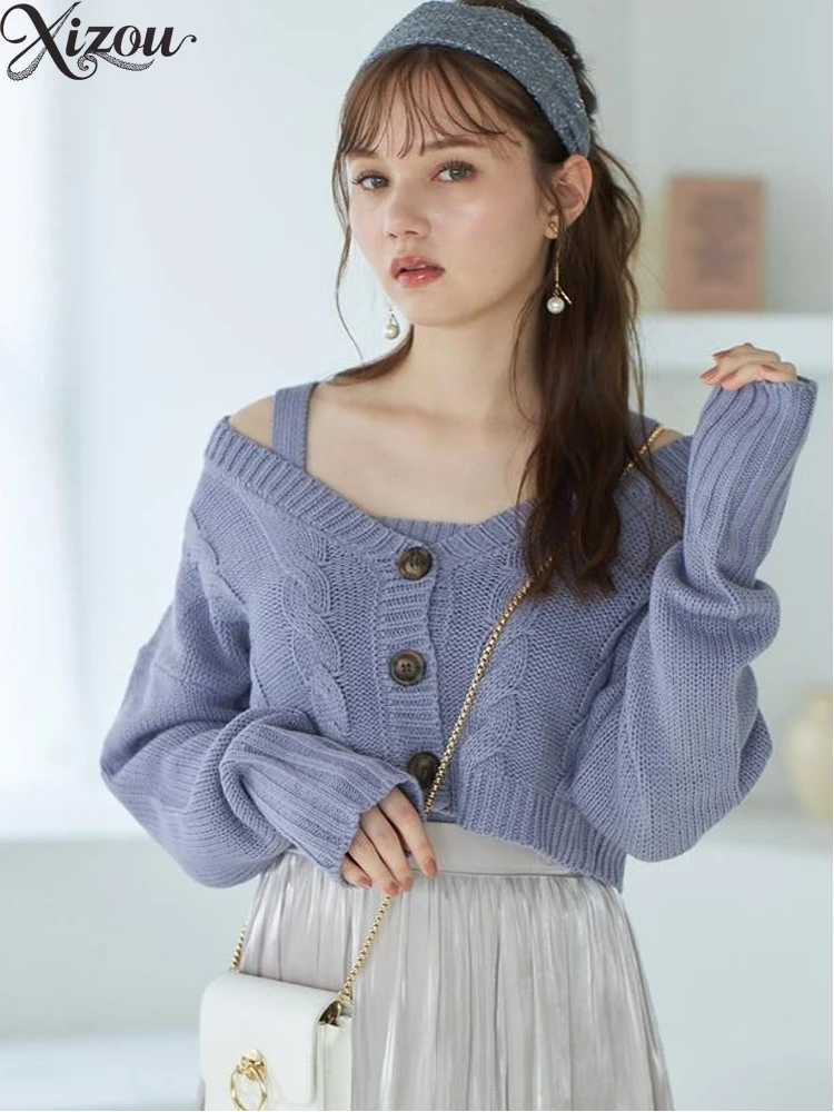 

Women's Sweater Top New Japanese Style Autumn Sweet Twisted Pattern V-Neck Short Knitted Cardigan + Knit Camisole Set
