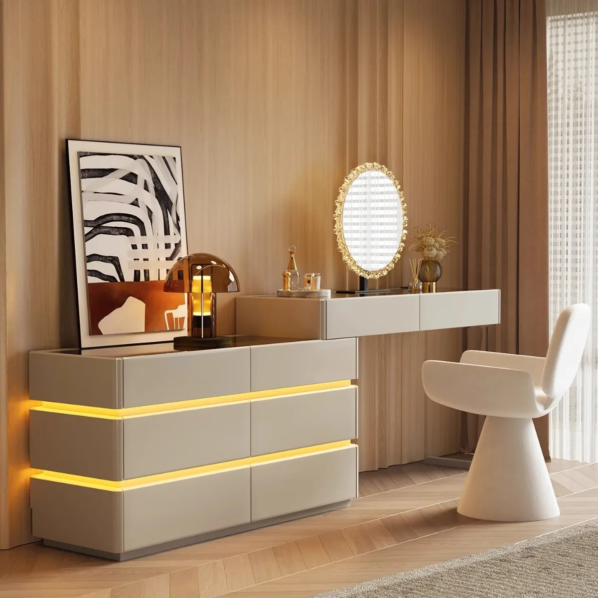 お値下げCOSMETICテーブル Luxury Dressing Table Mirror Makeup Vanity with Drawers Storage