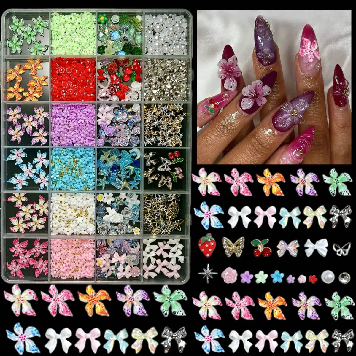 1 caixa transparente arco lua resina encantos do prego liga mini borboleta strass colorido flor havaiana decorações da arte do prego diy