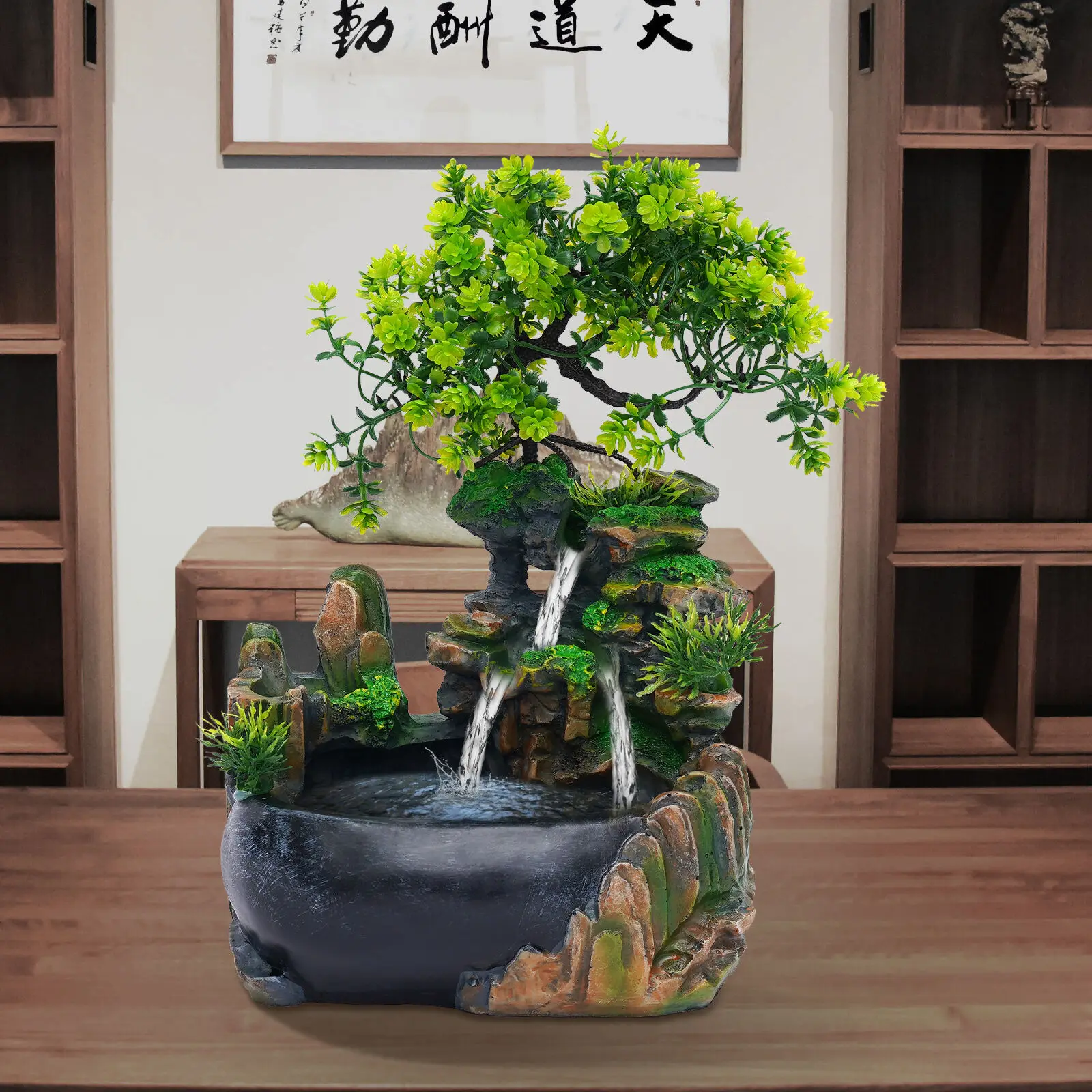 Indoor Fountain Desktop Garden Fountain Waterfall Green Plant Bonsai Tabletop Fountain Zen Meditation Waterfall for Home Office