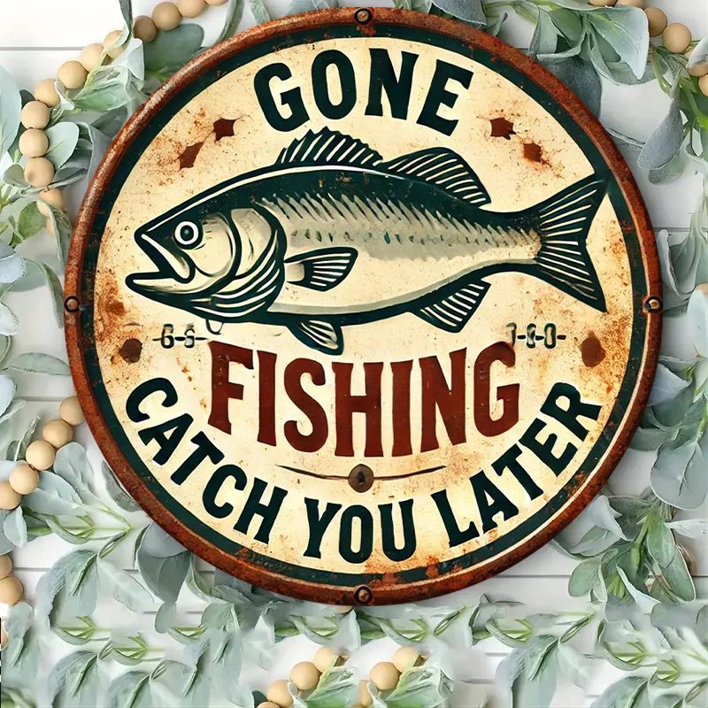 2D Flat, 1pc Vintage Fishing Metal Wall Sign - 8.0inch X 8.0inch Round Iron Rustic Decor with 