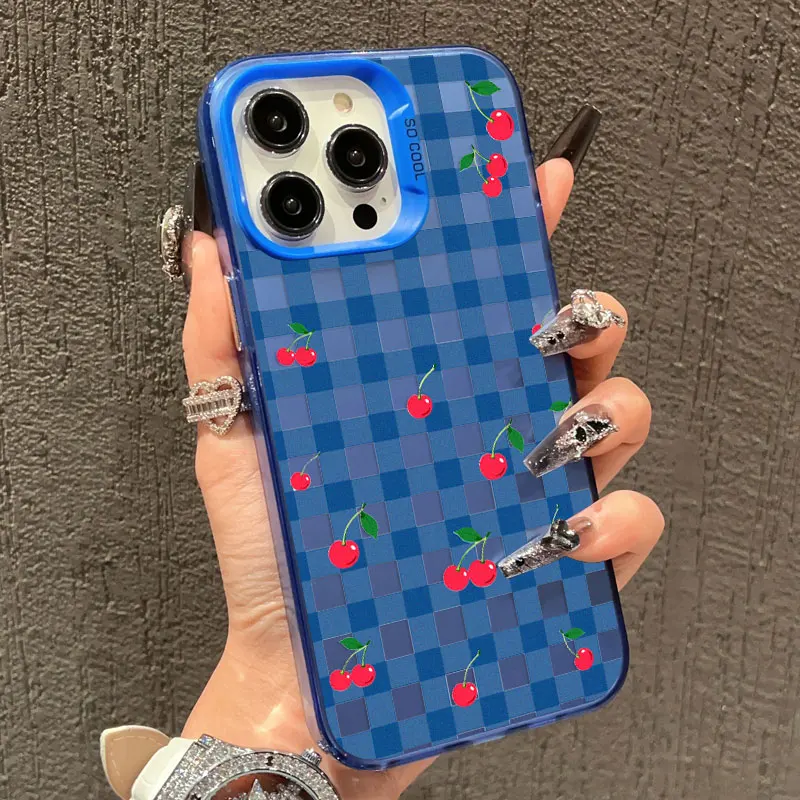

Cute Fashion Girl Cherry Grid Pattern Laser Phone Case for iPhone 15 16 Pro Max Plus 14 11 12 13 Mini Pro Max Shockproof Covers