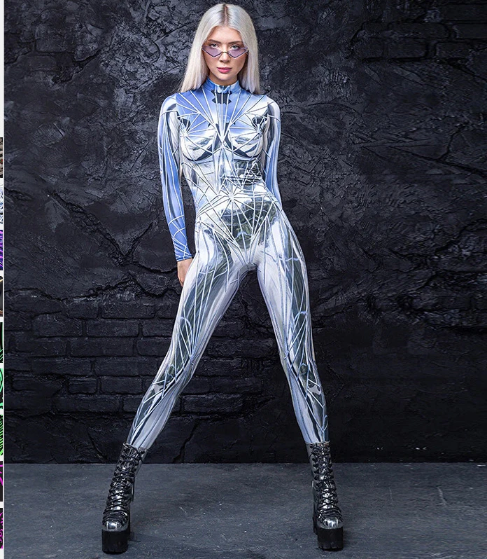 Przebranie na karnawał damski kombinezon Halloween seksowny nadruk 3D karnawał wakacyjny body Zentai damski Cosplay obcisły strój