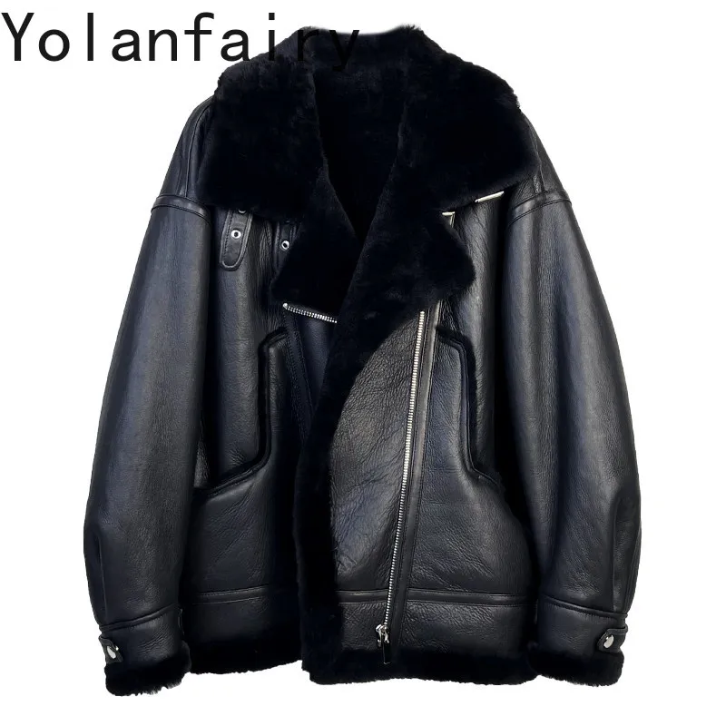 

YOLANFAIRY Модные женские куртки из натурального меха мериноса, зимнее пальто из натурального меха в стиле High-street, роскошная теплая кожаная куртка для женщин