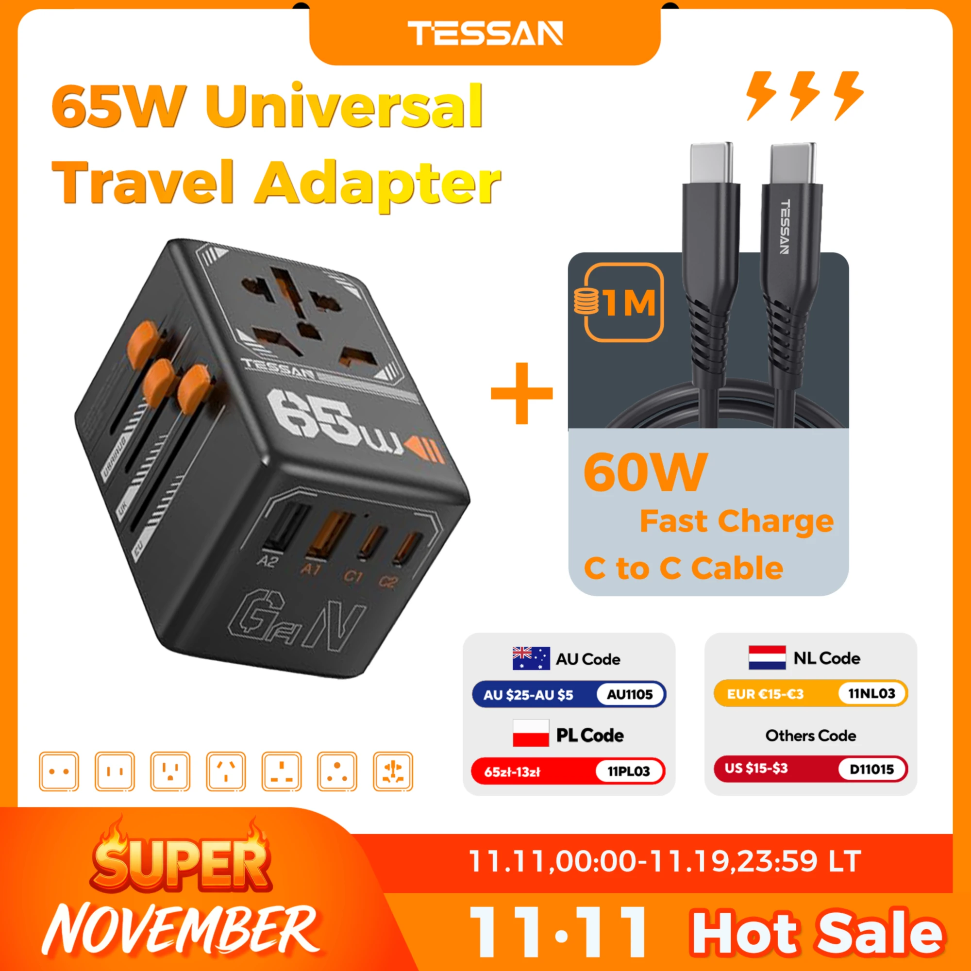 

Универсальный дорожный адаптер GaN TESSAN 65 Вт с USB Type C, международный адаптер для быстрой зарядки, вилка стандарта ЕС/Великобритании/США/Австралии для путешествий