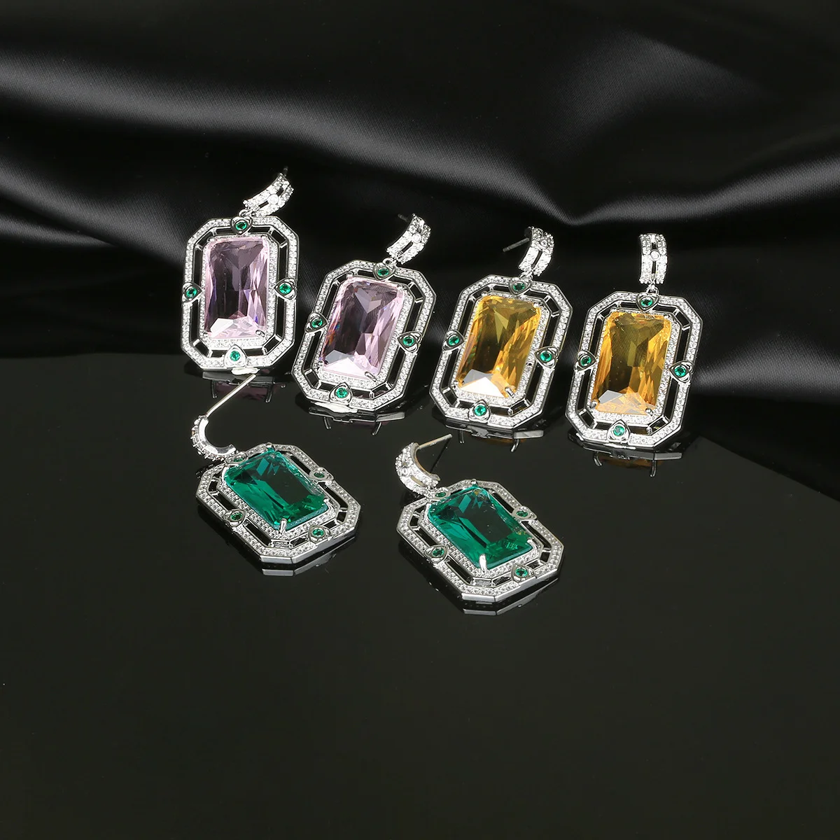 

925 Silver Needle Luxury Vintage Multicolor Gemstone Rectangle Drop Earrings, Elegant Bridal Wedding Jewelry Gift for Women