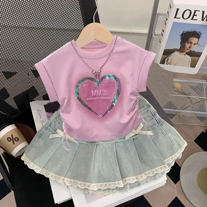 Girls' Short Sleeve Set 2025 Summer New Children's Clothing Girls' Stylish Printed T-shirt Cowboy Short Skirt Two Piece Set