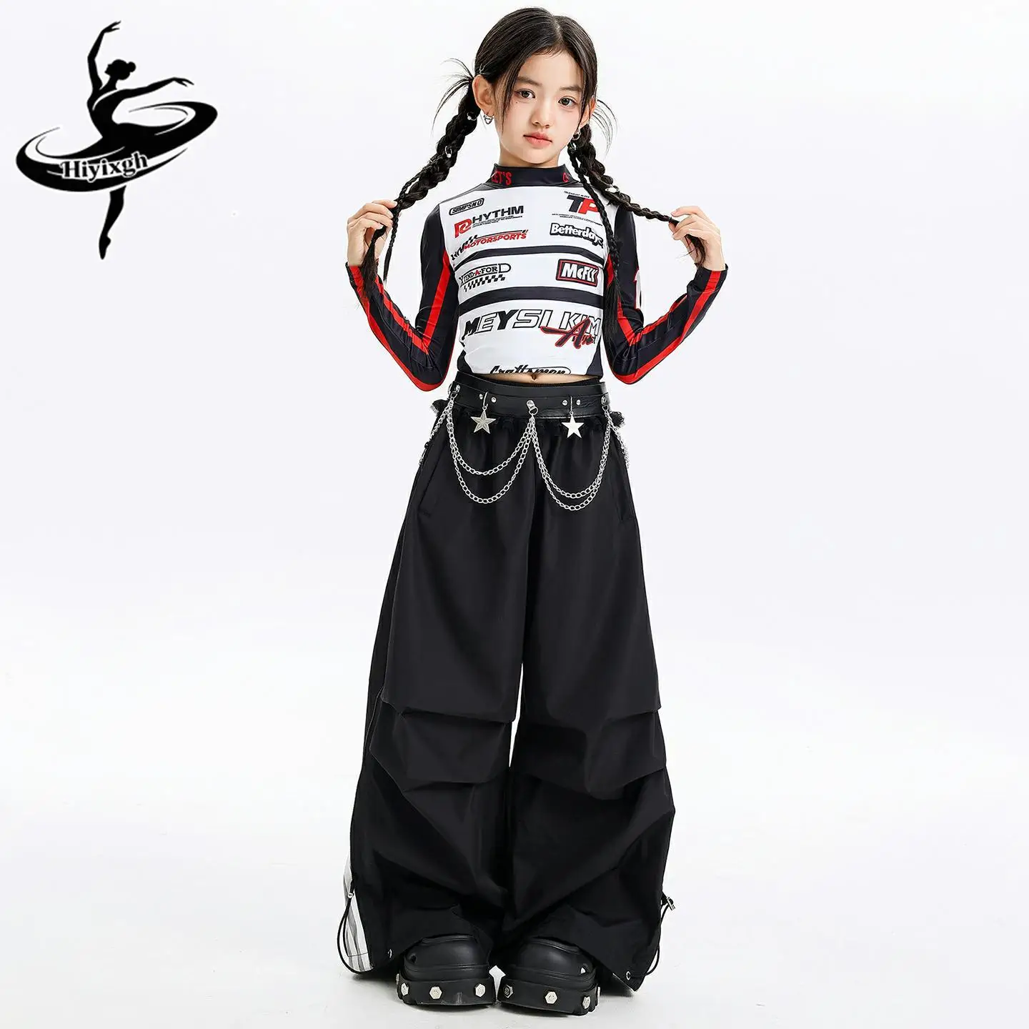 

Сценический костюм для джазовых танцев для девочек, модная одежда в стиле хип-хоп, одежда в стиле K-pop, одежда для групповых уличных танцев, топы с длинными рукавами, черные свободные брюки