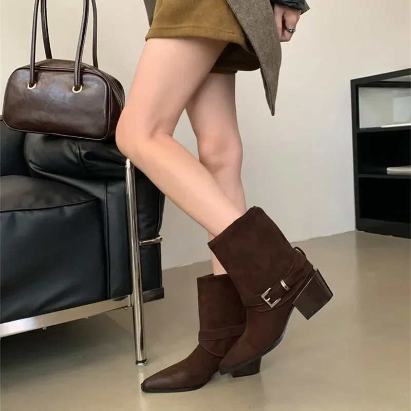 Retro Design Pointed Toe Punk Boots Women 2025 Metal Belt Buckle Decoration Ankle Boots for Women Faux Suede Luxury Knight Boots