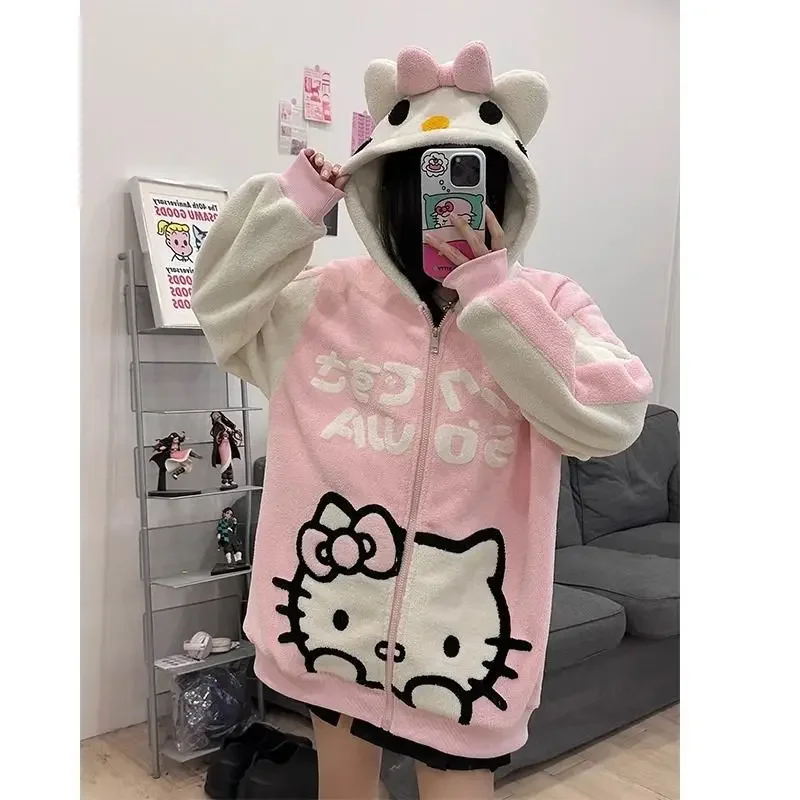 Sanrio Hello Kitty Plush Jacket Women Autumn Winter Korean Long Sleeve Hooded Coat Thick Warm Couple Streetwear Outerwear Gifts