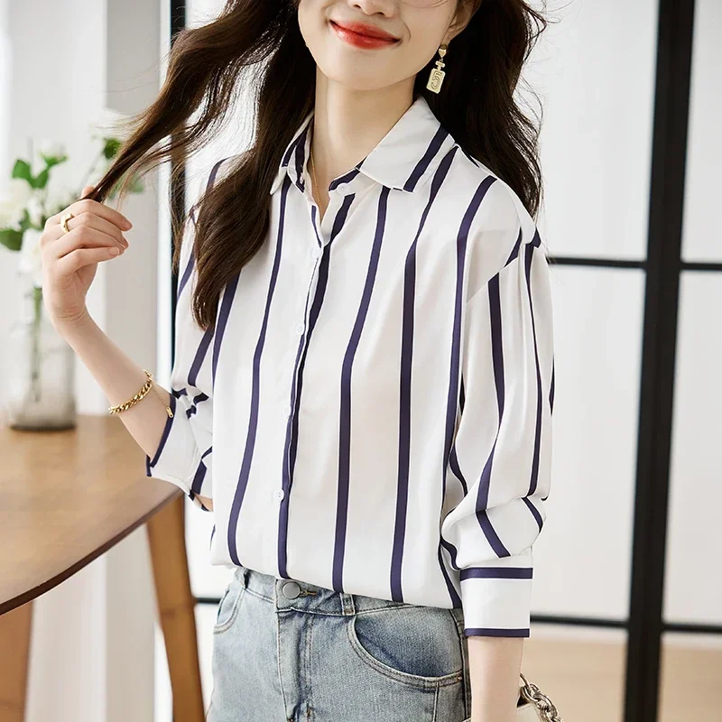 Fashion Long Sleeve Women Shirt Striped Turn Down Collar Chiffon Shirt Blouse Shirts Women Tops Camisas Blusa Blusas Shirts M352