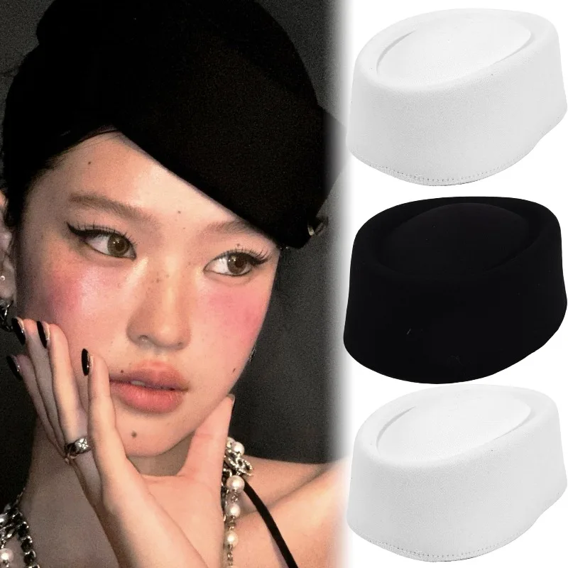 

Formal Wool Felt Hat Women Flat Top Beret Stewardess Caps Performance Cosplay Costume Hats Elegant Party Church Hats Headwear