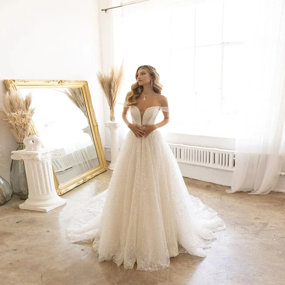 Customized Shining Glitter Evening Dresses For Women Off The Shoulder A-Line Princess Prom Party Gowns Banquet Vestido De Novias