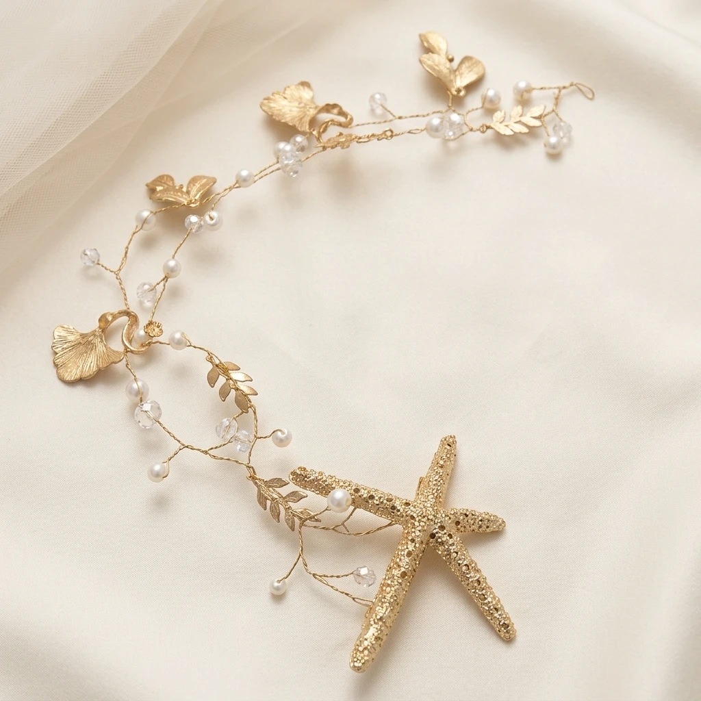 

Handcrafted Bridal Starfishs Headband Vintage Golden Elastic Band for Wedding Ceremony Bridesmaid Party Photography
