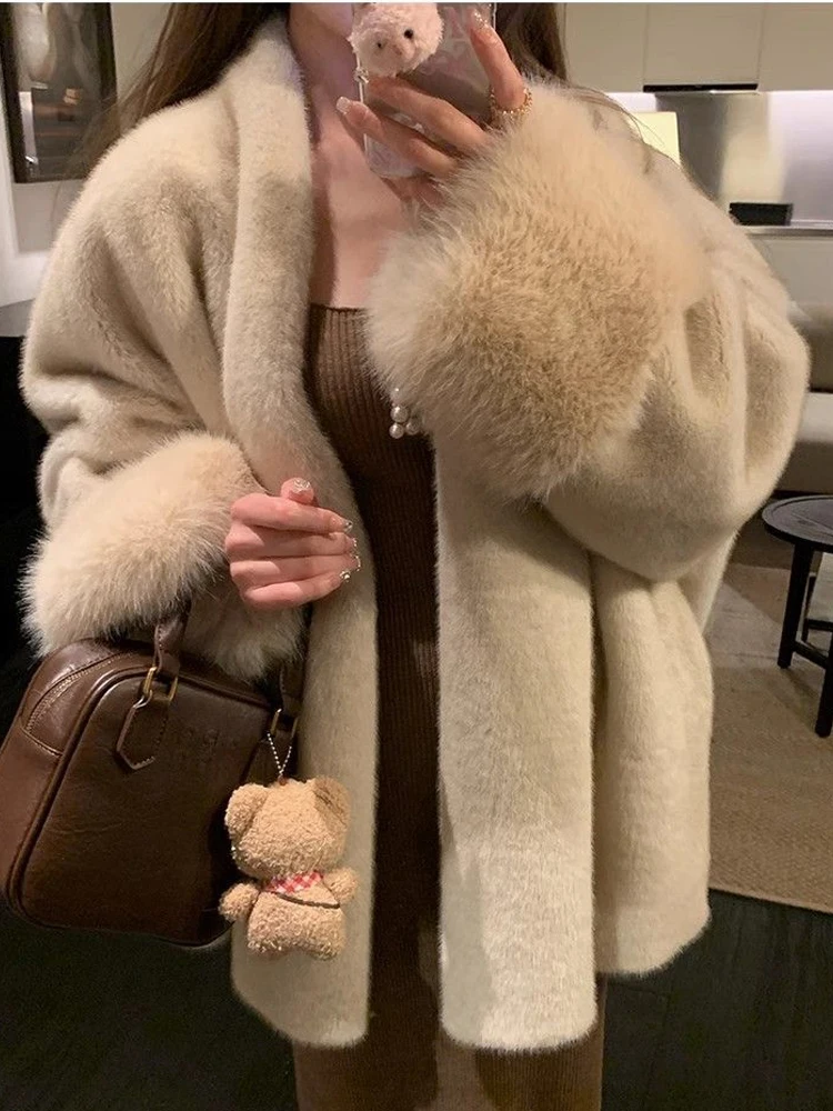 Manteau en fausse fourrure de vison Beige pour femmes, automne hiver, surdimensionné, élégant, Look de luxe, vêtements d'extérieur à la mode écologiques