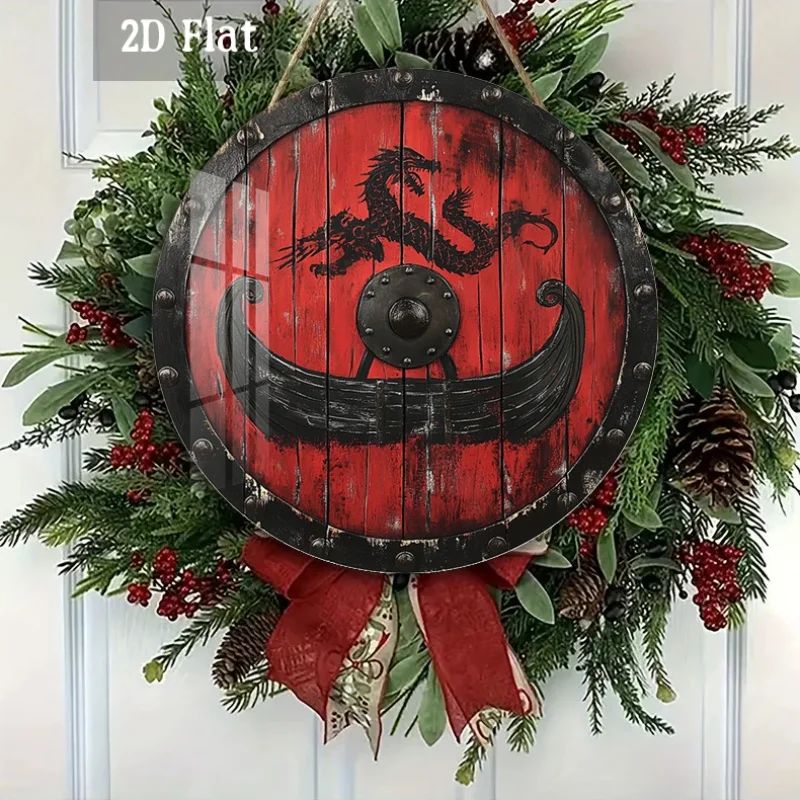 2D Flat - 1pc Round Wooden Viking Shield Artwork Featuring Norse Dragon Designs, Perfect for Medieval-Themed Wall Decoration. Th