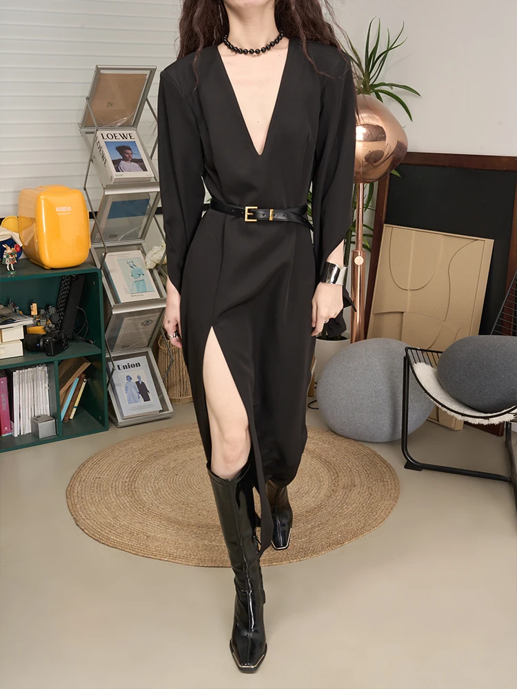 

Женское платье LANVIVIER с длинным рукавом, глубоким V-образным вырезом, высоким разрезом, в мотоциклетном стиле, с подплечниками, утягивающее талию, фасон H, из полиэстера