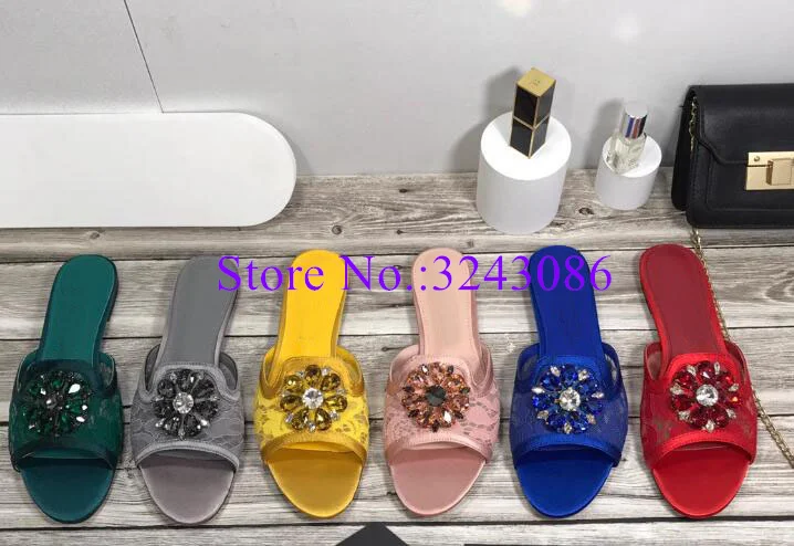 Sexy Lace Crystal Decor Lady Flat Slippers Fashion Design Woman Flat Sandals Comfortalble Casual Shoes Dropship