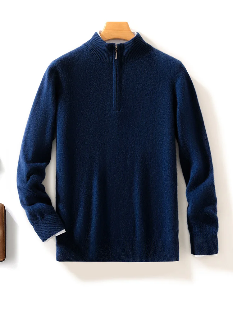 New Chic Men's Clothing Autumn Winter Stand Collar Casual Loose Sweater 100% Cashmere Knitted Zipper Pullover Basics male Tops