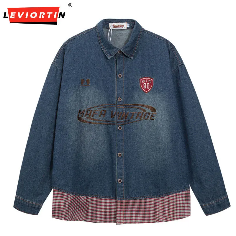 Trendy brand fashion washed letter embroidery splicing fake two piece denim shirt men's loose casual versatile couple shirt