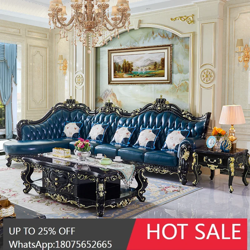 HLZ European Style Genuine Leather Sofa Set Luxury Villa Neoclassical Carved American L-Shaped Corner Chaise  Furniture